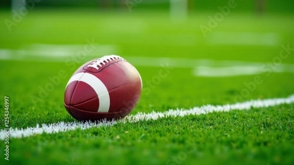 Fototapeta A Lone American Football Rests on the Field's Edge, Ready for the Game