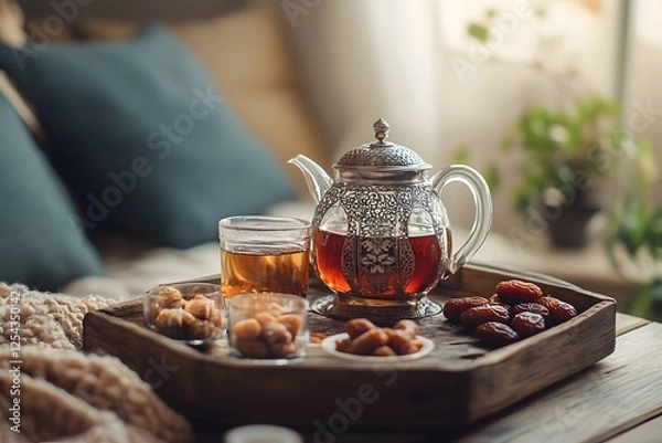 Fototapeta A beautiful tea setup with an ornate teapot and glasses, featuring intricate designs, warm lighting, and aromatic tea, creating a cozy and inviting atmosphere for relaxation and cultural gatherings