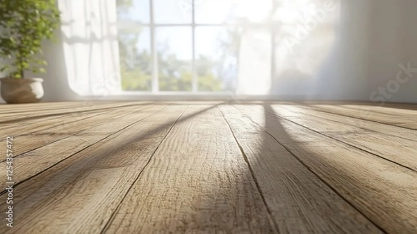 Fototapeta Empty Wooden Table By Window With Sunlight
