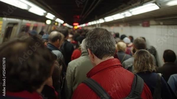 Fototapeta Subway Passengers Rush Hour, Crowded Tunnel, NYC