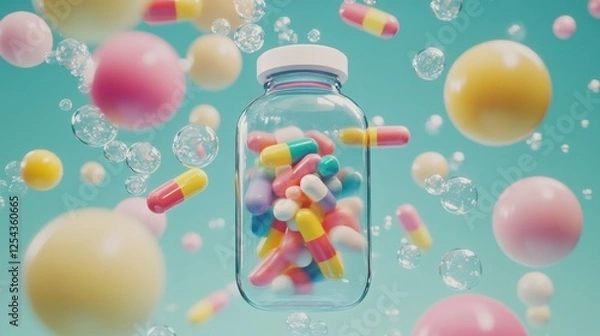 Fototapeta A floating prescription bottle releases colorful pills into transparent water, surrounded by tiny bubbles.