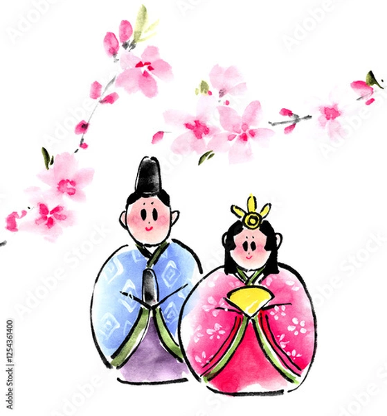 Fototapeta 水墨技法で描いたお雛様と桃の花