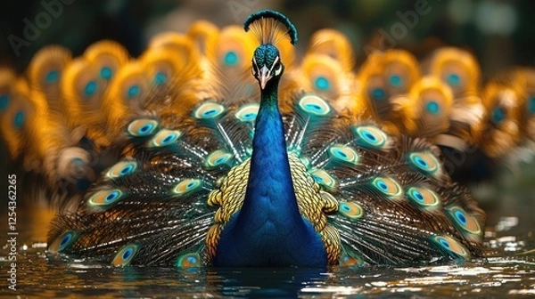 Obraz Majestic peacock displaying its vibrant feathers by a serene water body, surrounded by lush greenery