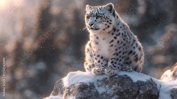Obraz Snow leopard perched on a rocky outcrop in a snowy landscape, sunlight filtering through trees