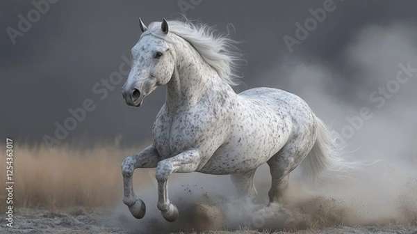 Fototapeta Majestic white horse galloping through a dusty field under a dramatic cloudy sky