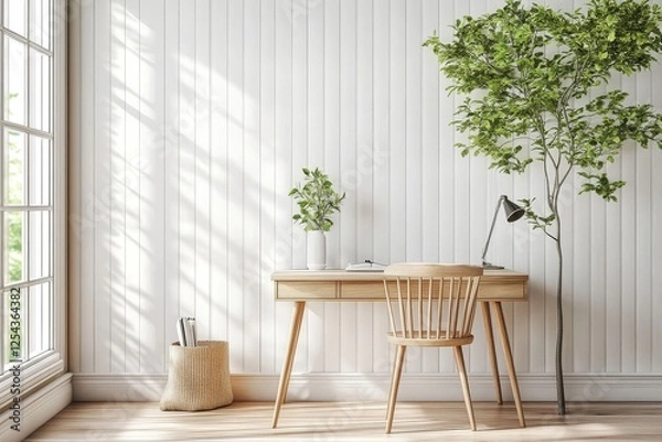 Fototapeta 3D rendering of a modern office room with white vertical striped wall, desk, and chair on light wooden floor in minimalist interior design.