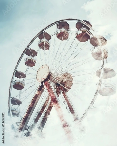 Fototapeta double exposure A serene view of a ferris wheel surrounded by soft clouds.