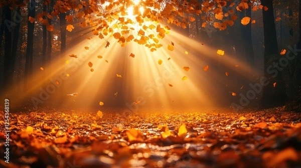 Obraz Serene autumn forest with sun rays illuminating fallen leaves and creating a magical atmosphere