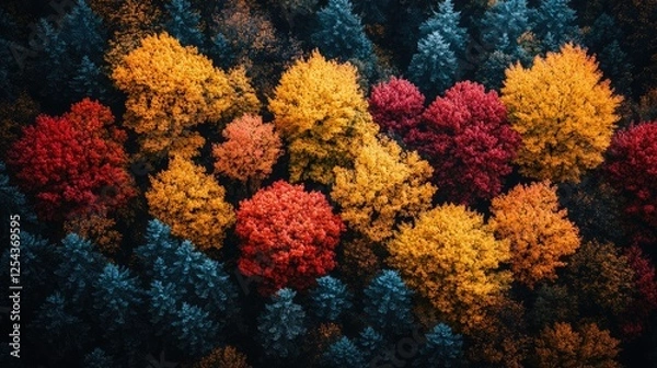 Obraz Vibrant autumn forest showcasing colorful foliage with a serene backdrop of green trees