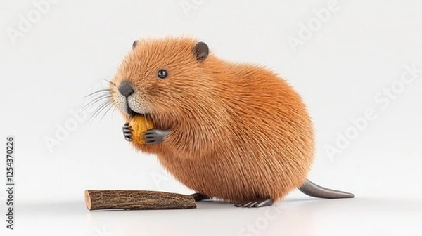 Obraz A cute beaver holding a piece of food by a wooden log on a clean, white background