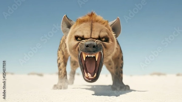 Obraz Fierce hyena growling in a sandy landscape under a clear blue sky, showcasing its powerful presence