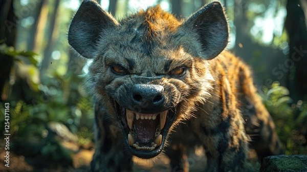 Obraz Fierce hyena displaying aggression in a lush forest environment with sunlight filtering through trees