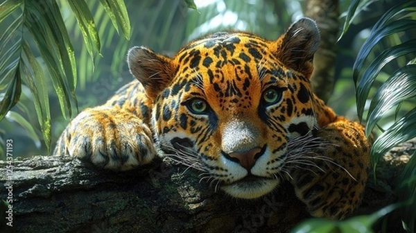 Obraz Close-up of a jaguar resting on a tree branch amidst lush green foliage in a vibrant jungle