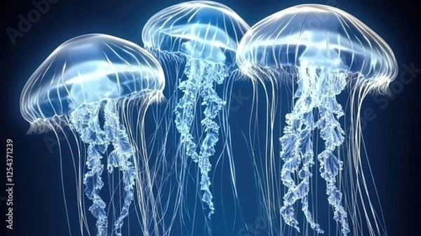 Obraz Three luminous jellyfish gracefully floating in dark waters, showcasing their translucent bodies and tentacles