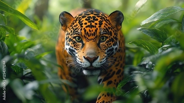 Obraz Majestic jaguar prowling through lush green foliage in a vibrant jungle environment