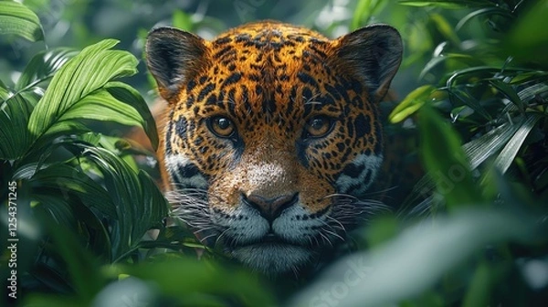 Obraz Close-up of a jaguar in dense tropical foliage, poised and observing its surroundings intently