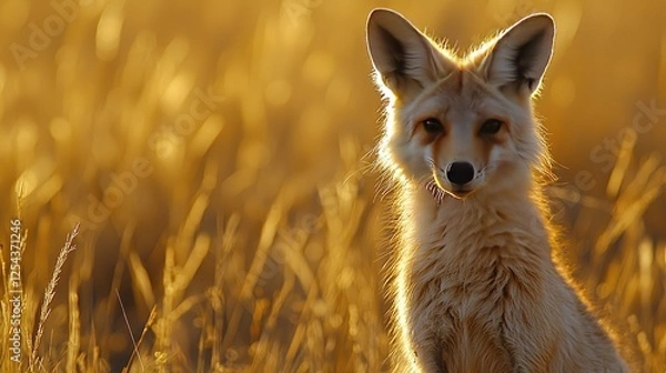 Obraz A stunning fox stands gracefully in a golden field during sunset, showcasing its beauty