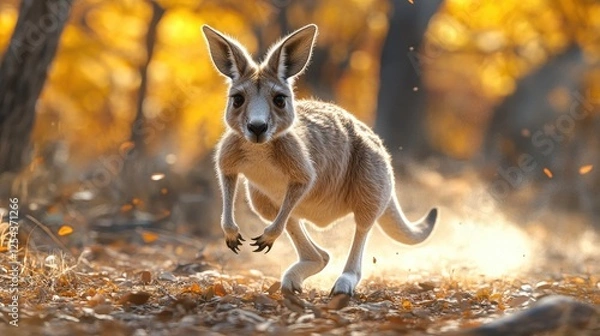 Obraz A kangaroo energetically hopping through a sunlit forest with autumn leaves falling around