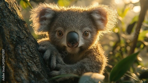 Obraz A close-up of a curious koala perched on a tree branch surrounded by lush greenery at sunset