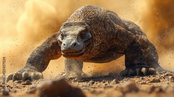 Obraz A close-up of a Komodo dragon crawling across a dusty terrain with a hazy background