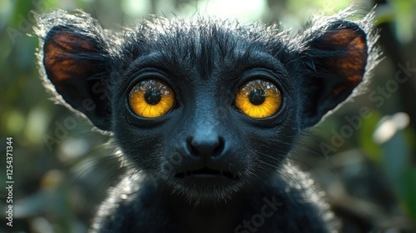 Obraz Close-up of a curious black creature with striking golden eyes in a lush green environment