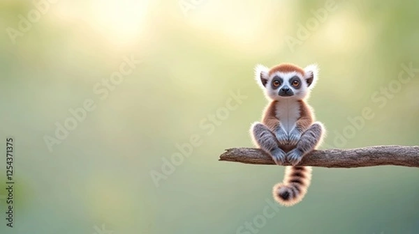 Obraz Playful lemur perched on a branch in a lush green forest, basking in soft sunlight