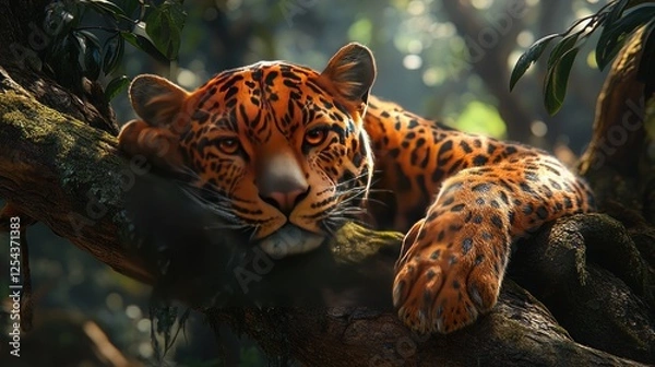 Obraz A majestic jaguar resting on a tree branch in a lush green jungle, surrounded by vibrant foliage