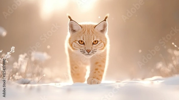 Obraz Majestic lynx walking through a snowy landscape at sunrise, showcasing its striking features