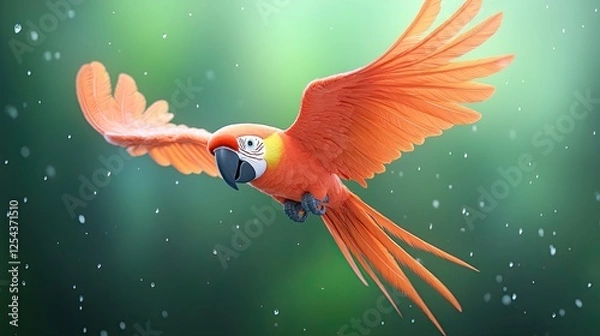 Obraz Vibrant Scarlet Macaw in Flight Over Lush Green Forest with Soft Rainfall in Background