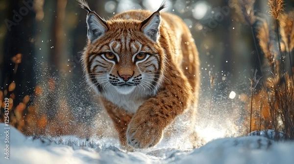 Obraz Majestic lynx sprinting through a snowy forest, capturing the essence of wildlife in motion