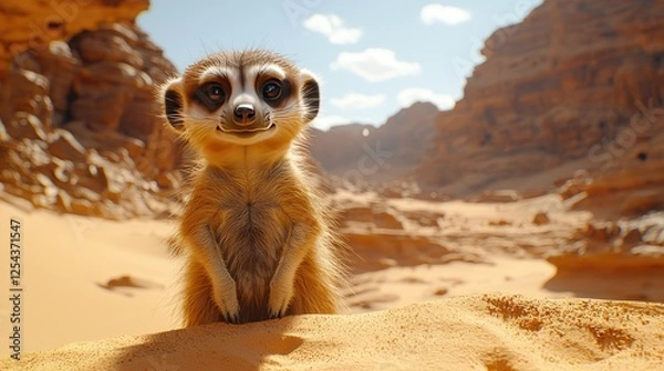 Obraz A curious meerkat stands on golden sand in a desert landscape, surrounded by rocky formations