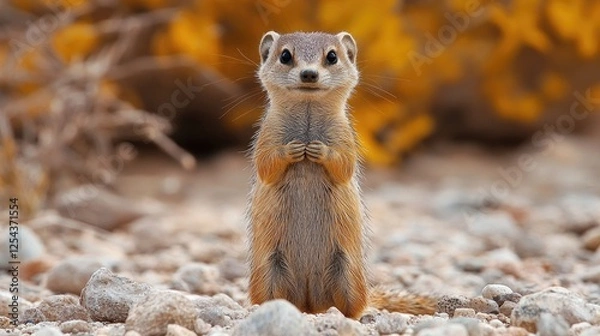 Obraz A curious meerkat stands upright on a rocky surface, surrounded by golden foliage in the background