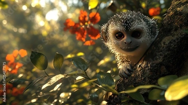 Obraz Playful young monkey peeking from a tree branch surrounded by vibrant flowers and foliage