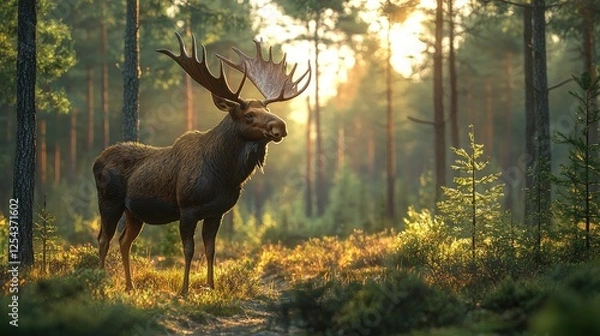 Obraz Majestic moose standing in a sunlit forest, surrounded by lush greenery and soft sunlight filtering through trees