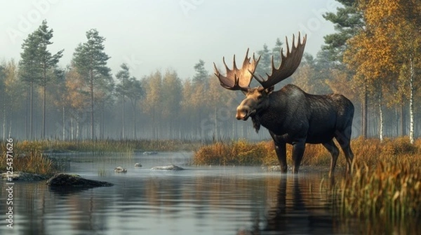 Obraz Majestic moose standing in a tranquil lake surrounded by autumn foliage and misty forest