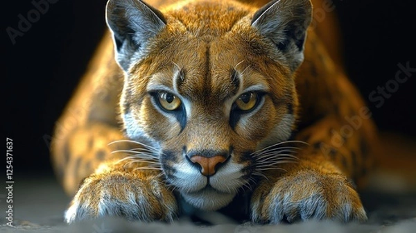 Obraz Close-up of a poised wild cat with intense gaze, showcasing its powerful demeanor in a dimly lit environment