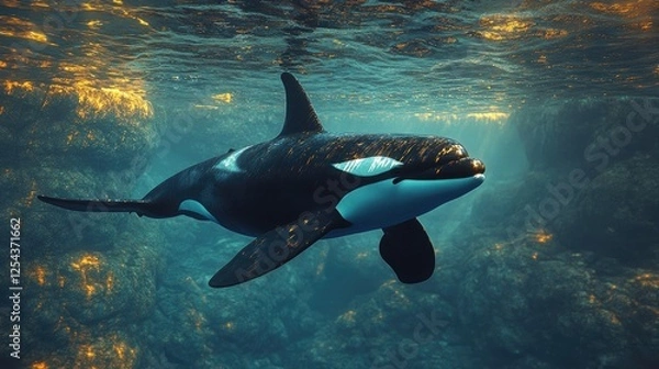 Obraz Majestic orca swimming gracefully through vibrant underwater landscape with shimmering light