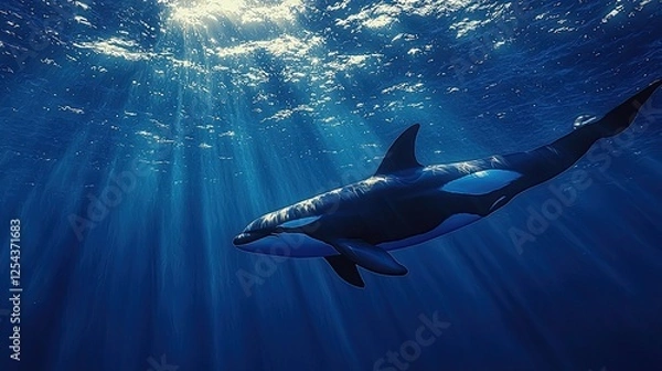Obraz Majestic orca swimming gracefully in deep blue ocean, sunlight filtering through water surface