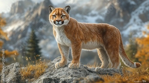 Obraz Majestic mountain lion standing proudly on a rock in a scenic autumn landscape