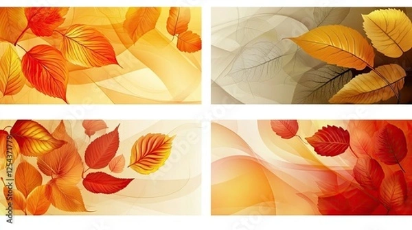 Fototapeta Fall leaves banner set with swirl autumn leaf background, nature border decor collection