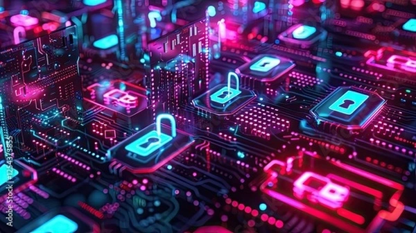 Fototapeta Glowing digital locks and shields symbolizing protection against cyber attacks