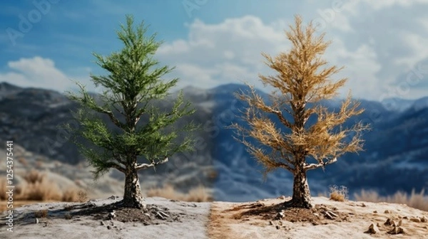 Fototapeta Tree Depicting Seasonal Change with Green and Dry Halves in a Mountain Landscape