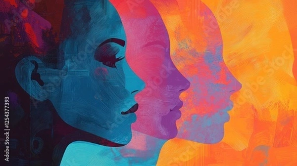 Fototapeta Abstract Representation of Female Faces in Vibrant Colors and Shadows