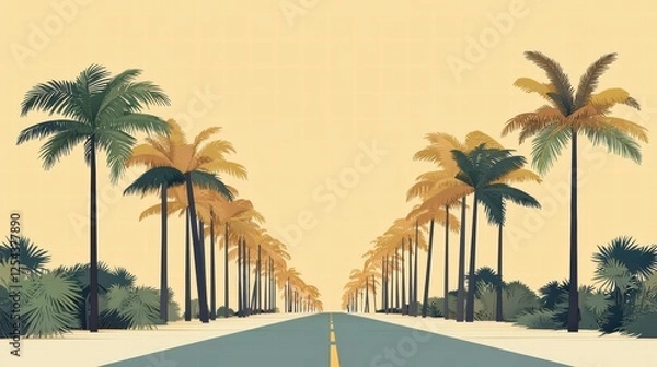 Fototapeta Scenic Road Flanked by Palm Trees in a Serene Landscape - Pixel Art Style Perfect for Evoking Calmness and Summery Vibes in Any Design Project.