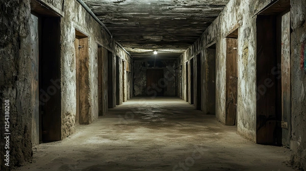 Fototapeta Dark Empty Underground Dungeon Hallway with Long Shadowy Corridor and Closed Doors