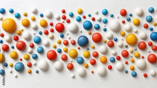 Obraz Colorful arrangement of spherical objects on a white surface, creating an abstract design