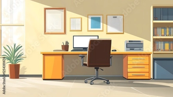 Fototapeta Office Workspace with Desk, Computer, and Bookcase