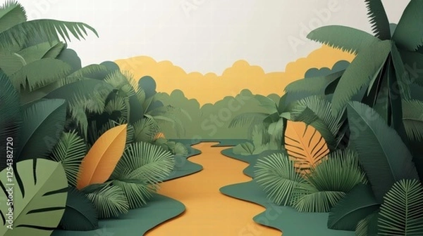 Obraz Serene Jungle Pathway Illustration Surrounded by Tropical Foliage and Gentle Hills in Warm Hues Creating an Immersive Nature Experience