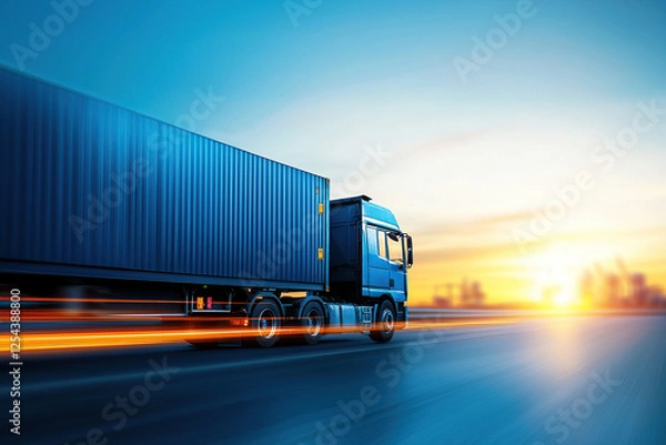 Fototapeta blue truck speeds along highway at sunset, symbolizing fast and efficient transportation. blurred motion and vibrant colors convey sense of urgency and modern logistics