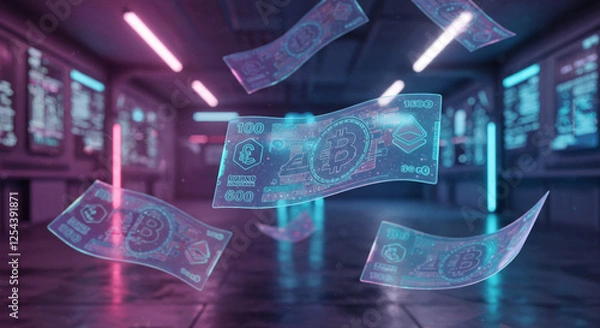 Fototapeta Dinheiro Digital Futurista com Hologramas e Criptomoedas